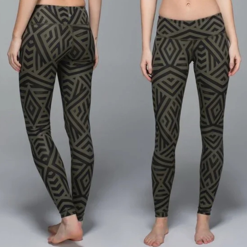 Lululemon Chevron Geometric Patterned Leggings in Fatigue Greeb and Black